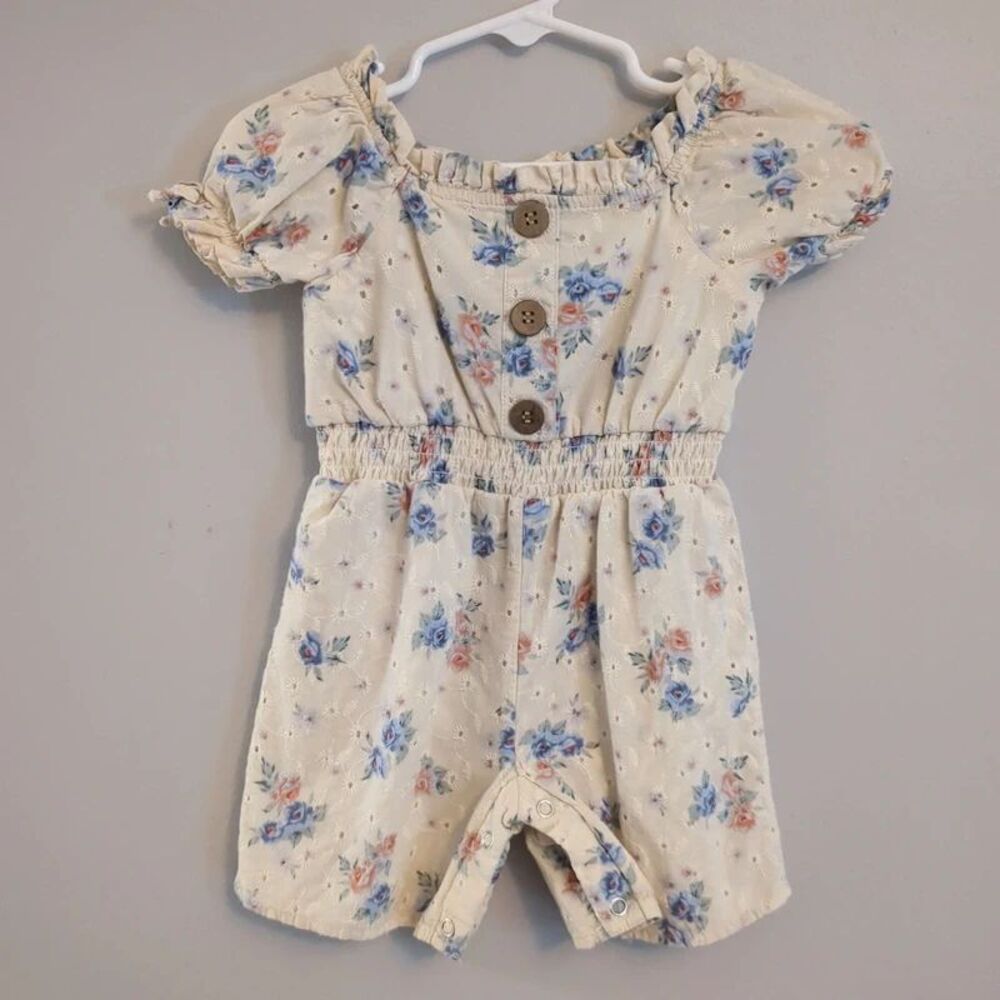 Rare Editions Cream Floral Eyelet Shorts Romper - Girls Size 24 Months